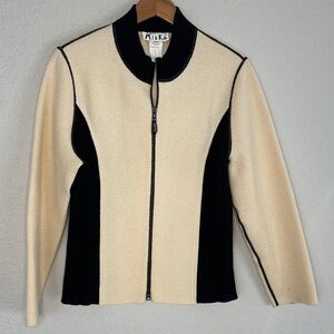 Mieka Wool Zip Front Jacket Cardigan Black Cream Bomber Chic Classic Large